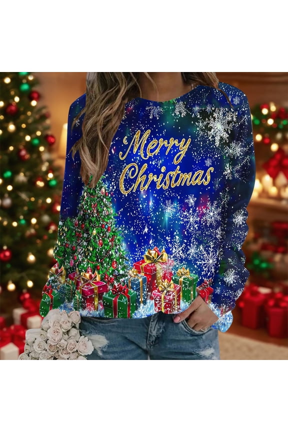 Christmas Sweatshirt for Women Christmas Graphic Print Oversize Pullover Crewneck Hoodless Sweatshirts Womens Casual Round Neck Print Loose Raglan Sleeve Sweatshirts Long Sleeve T Shirts Tops