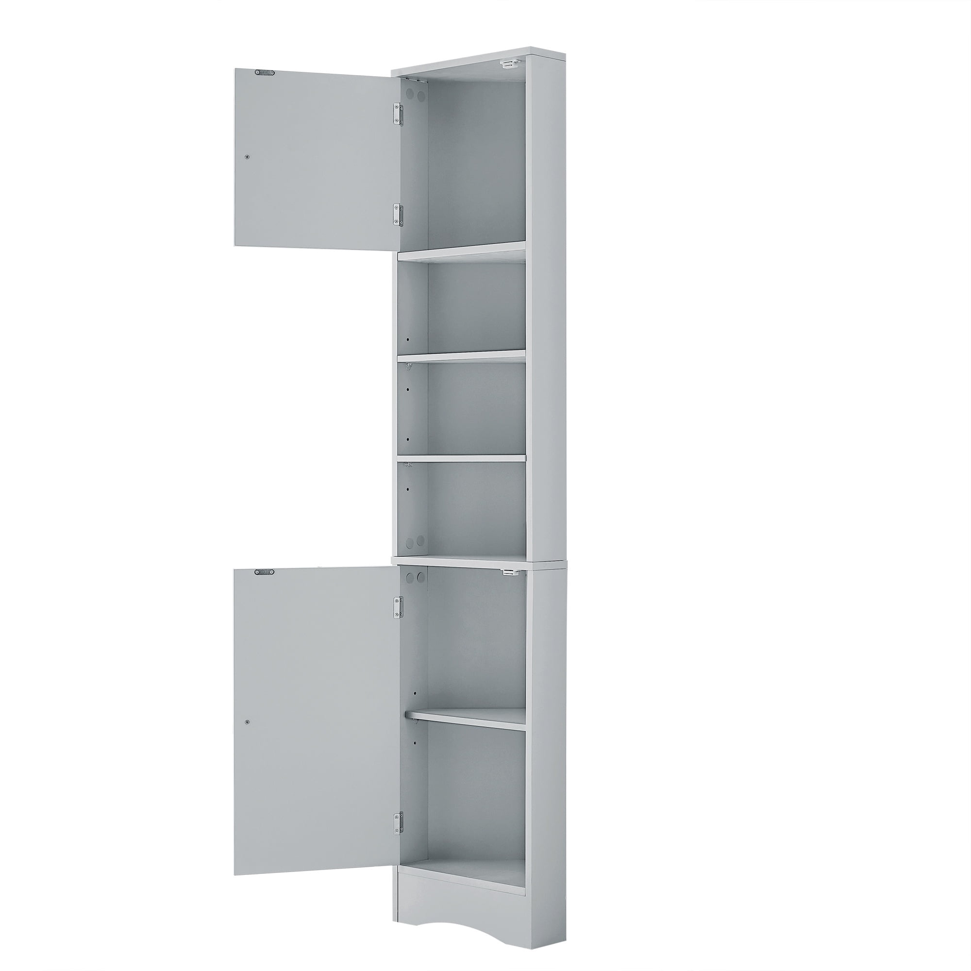 PORKISS 66.9" Tall Corner Cabinet with 2 Barn Doors, 6 Tier Bookcase Storage Cabinet with Adjustable Shelves, Corner Storage Cabinet for Bathroom, Living Room, Kitchen, Grey