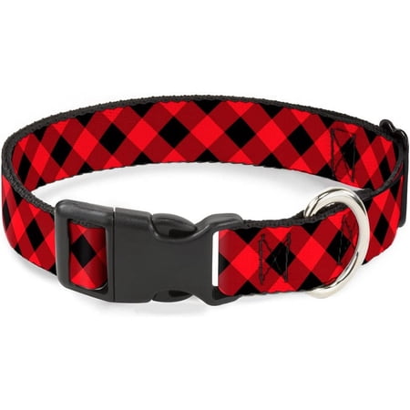 Buckle-Down Dog Collar Plastic Clip Diagonal Buffalo Plaid Black Red Available in Adjustable Sizes for Small Medium Large Dogs 1.5" Wide - Fits 18-32" Neck - Large