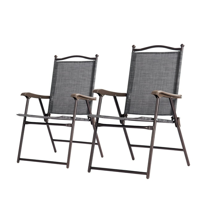 Patiojoy 2-Piece Folding Outdoor Patio Chair Sling Back Camping Chair with Armrest & Pillow Gray