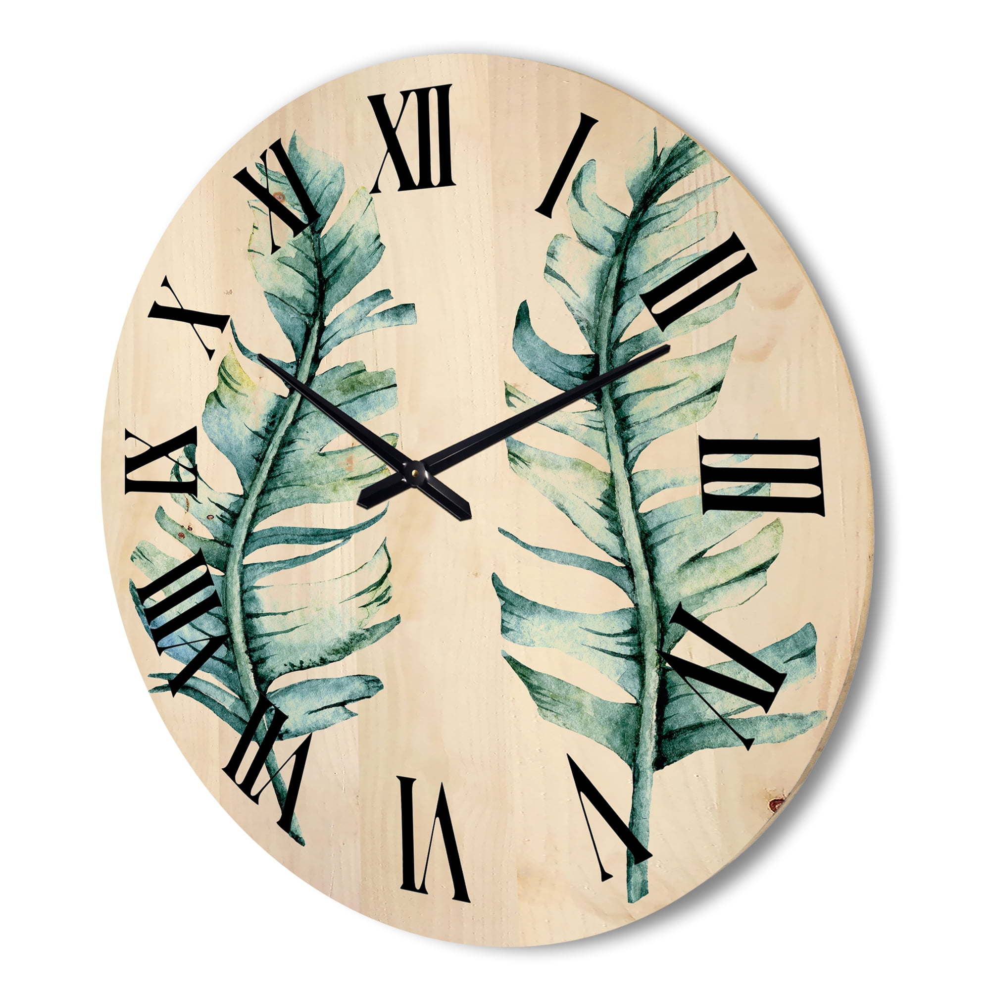 Designart 'Duo of Tropical Leaves On White' Farmhouse Wood Wall Clock