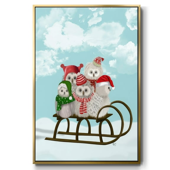 Christmas Christmas Owl Sled - Framed Gallery Wrapped Holiday Canvas - 17 x 25 - Gold Frame