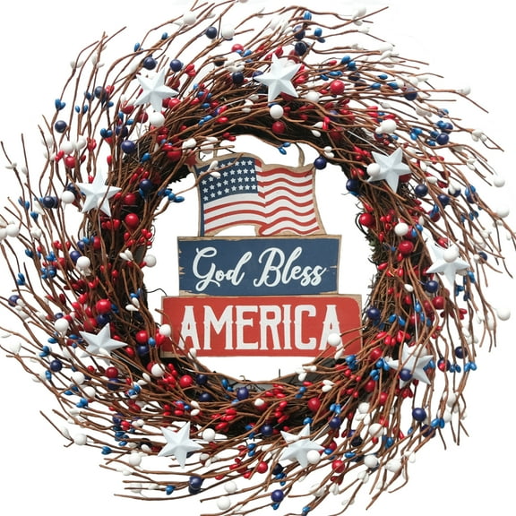 18Inch 4th of July Patriotic Day Wreath Red Blue White Berry Wreath with Americana Flag Patriotic Decorations for Memorial Day Independence Day Veterans Day Front Door Wall