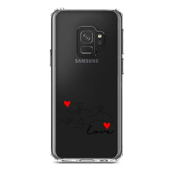 DistinctInk Clear Shockproof Hybrid Case for Samsung Galaxy S9 (5.8" Screen) - TPU Bumper Acrylic Back Tempered Glass Screen Protector - Love Heart Flourish Black & Red