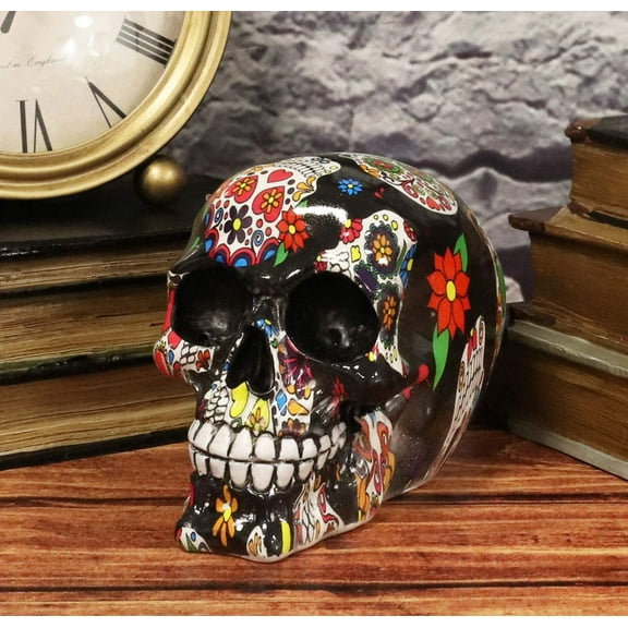 Ebros Day Of The Dead Black Sugar Skull With Floral Tattoo Cranium Skull Statue