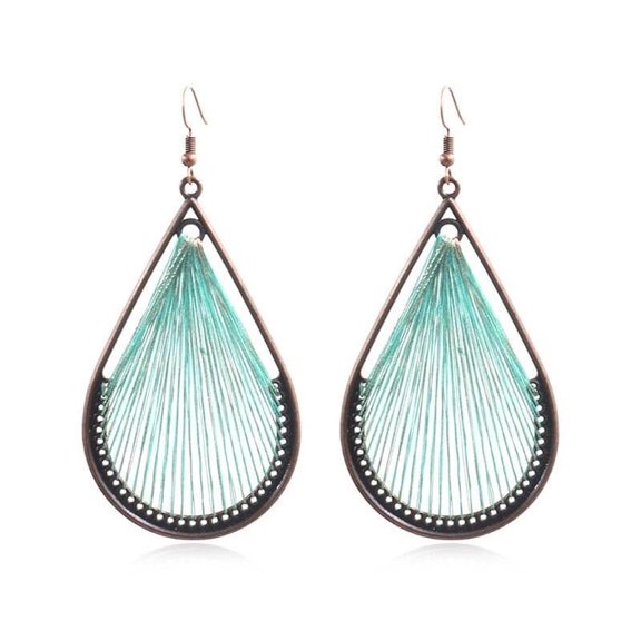 Turquoise Thread Teardrop Dangle Earrings Bohemian Fishhook Bronze Tone Long E13