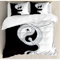 Kung Fu Duvet Cover Set Queen Size, Oriental Themed Swirling Dragon with Yin Yang Symbol, Decorative 3 Piece Bedding Set with 2 Pillow Shams, Charcoal Grey White and Pale Cadet Blue, by Ambesonne