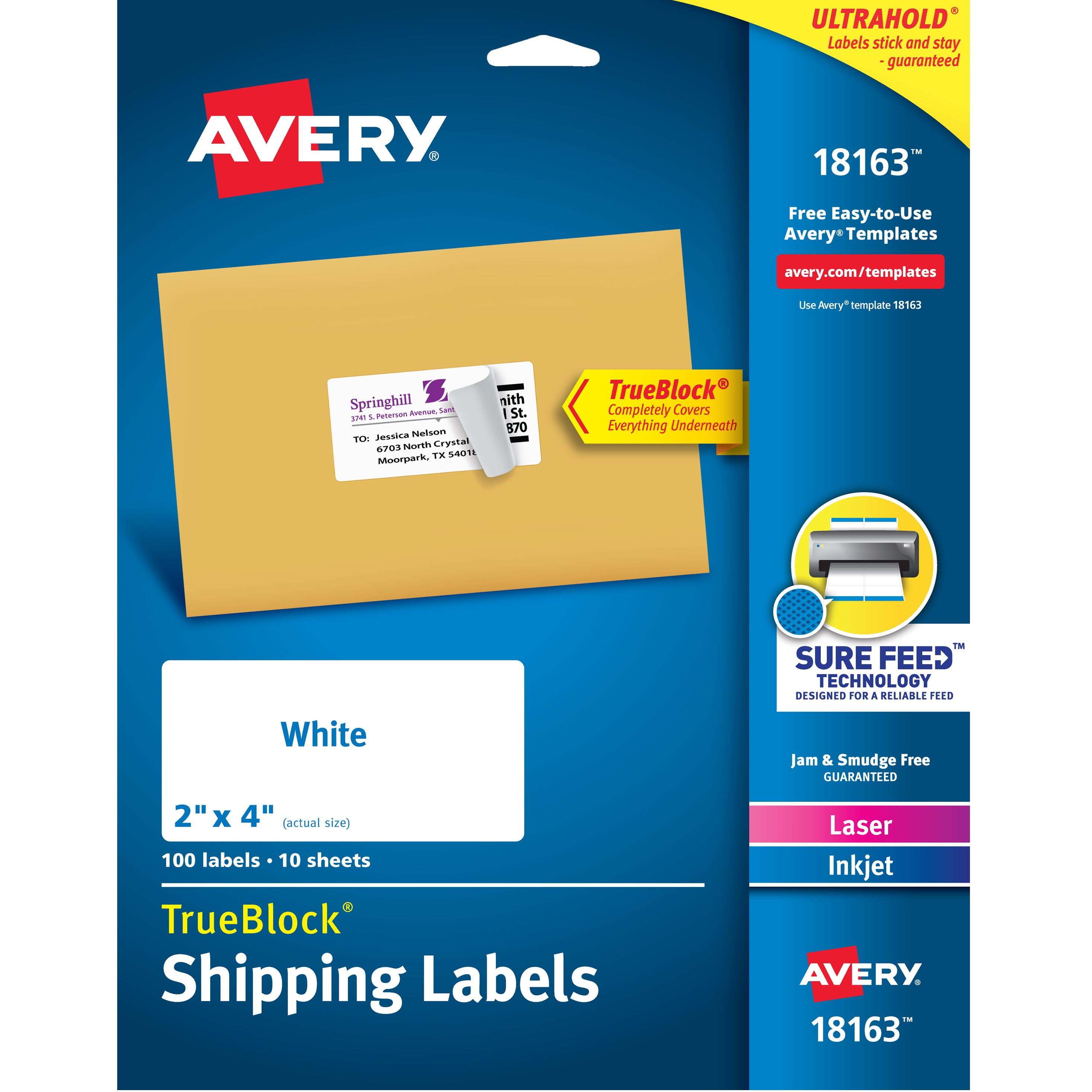 Avery Shipping Labels, White, 2" x 4", Sure Feed, Laser, Inkjet, 100 Labels (18163)