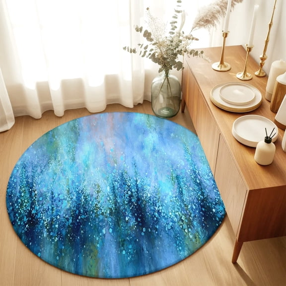 Round Rugs 3Ft, Blue Green Round Area Rug Washable Indoor Throw Carpet, Modern Abstract Art Contemporary Small Non Slip Circle Rug for Bedroom Living Room Home Decor Aesthetic