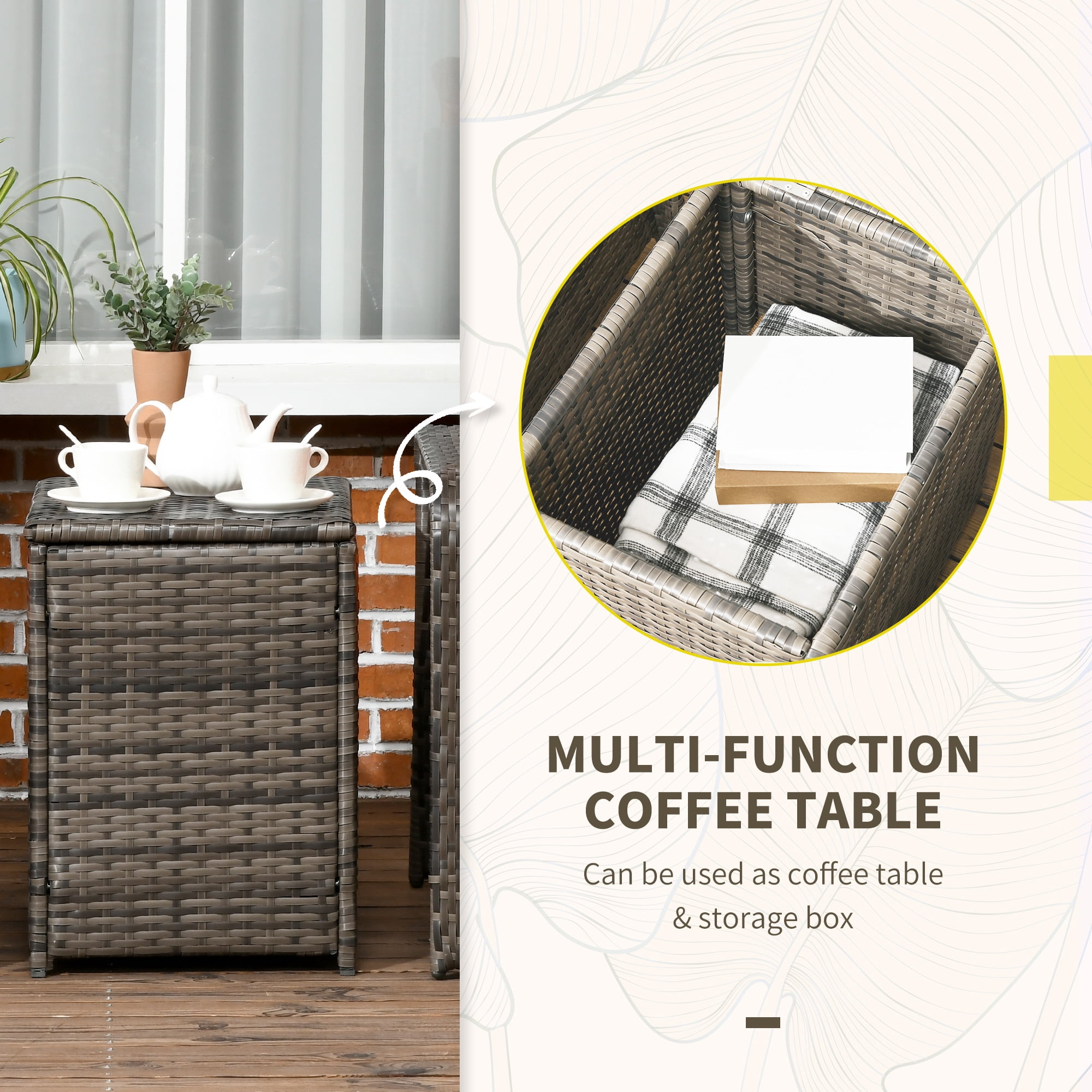 Outsunny 3 Piece Patio Furniture Set, PE Rattan Wicker Storage Table and Chairs w/ Tufted Cushions, Beige