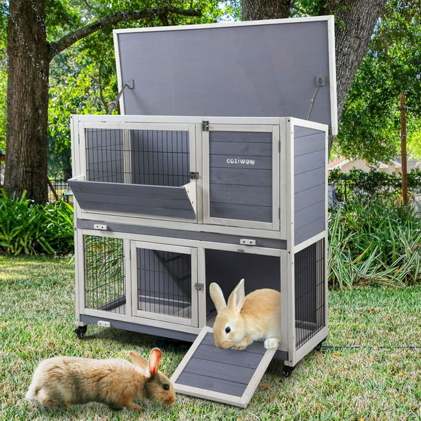 Coziwow Rabbit Hutch Bunny House Wood Double-Tier Pet Cage with Flip-up