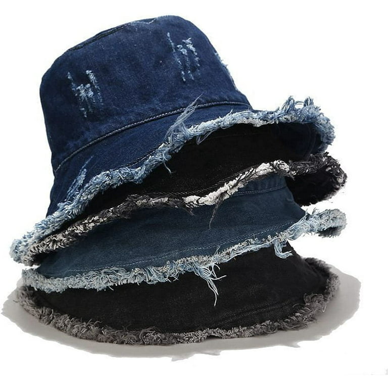 Women's Retro Washed Denim Bucket Hat With Frayed Brim, Summer Sun