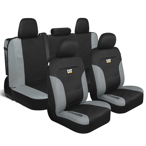 CAT Black & Gray Car Seat Covers Full Set - Front Seat Covers & Rear Bench Seat Cover - Airbag Compatible, 60/40 Split Bench for Trucks, Cars & SUVs - Automotive Interior Seat Protection Accessories