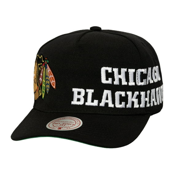 Men's Mitchell & Ness  Black Chicago Blackhawks Busted Logo Wordmark Wrap Around Pro Pinch Adjustable Hat