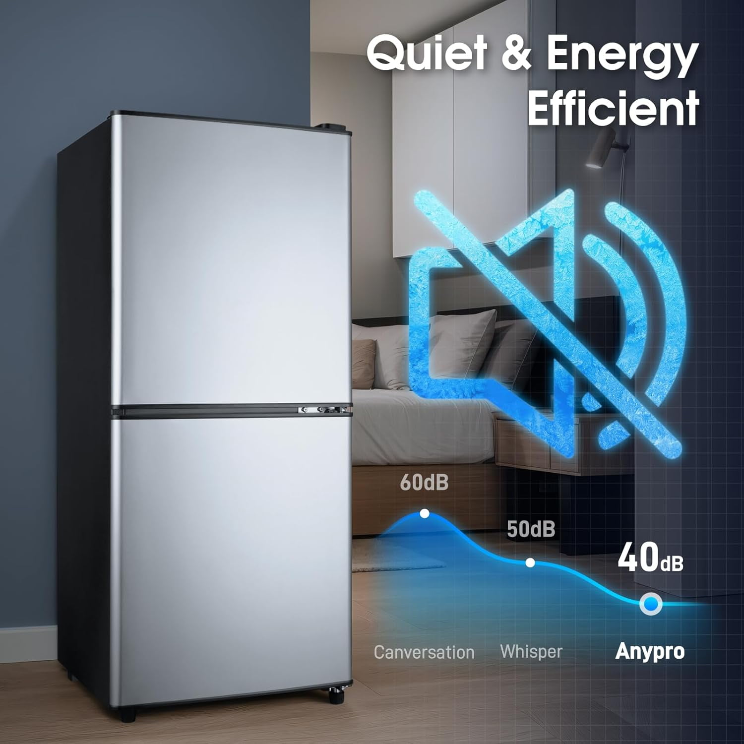GGTB 4.0 Cu.ft 2-Door Mini Fridge with Bottom Freezer, 7 Temperature Settings, Compact Refrigerator for Dorm Apartment Office, Silver