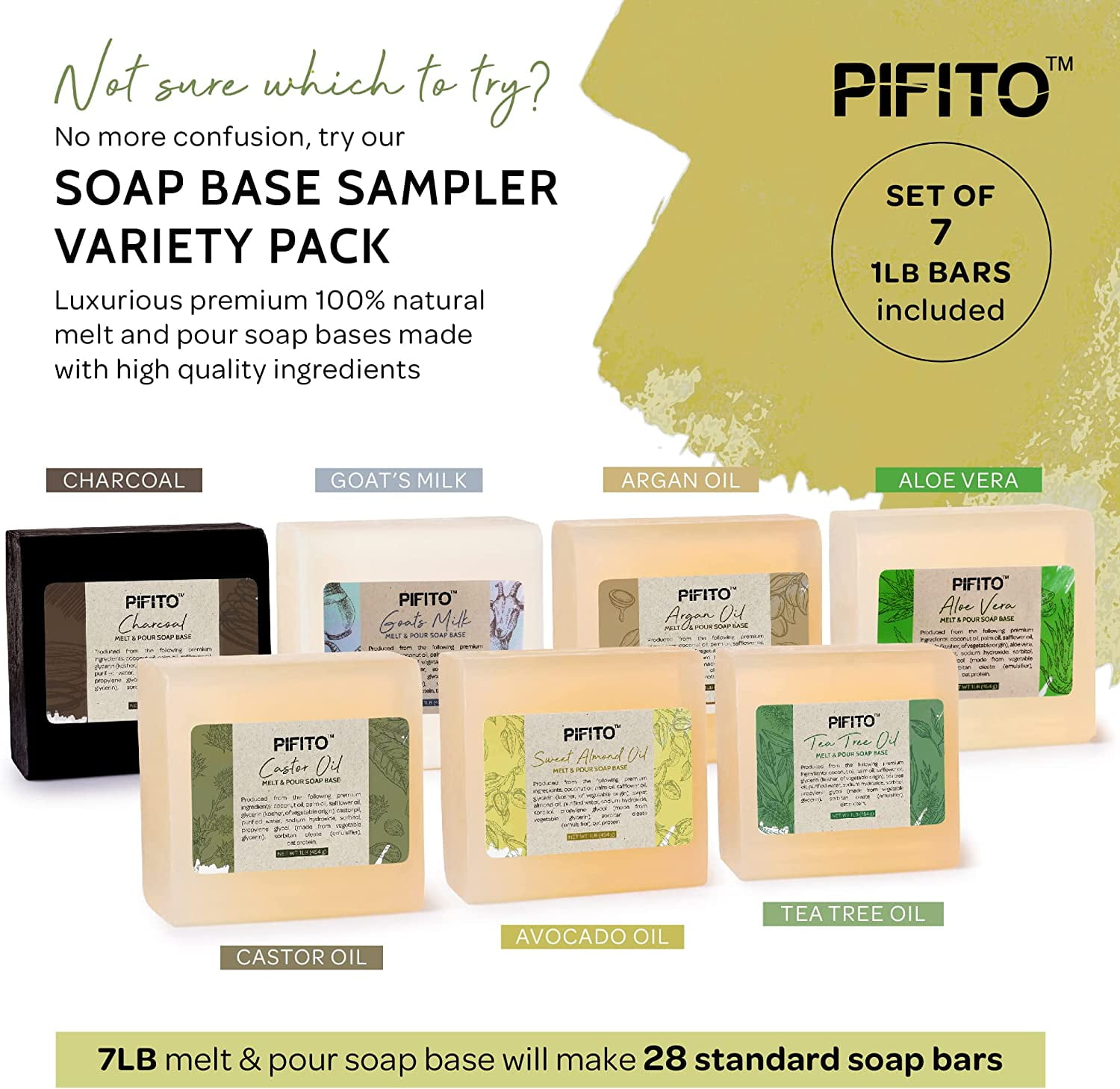 Pifito Melt and Pour Soap Base Sampler (7 lbs) │ Assortment of 7 Bases (1lb ea) │ Argan Oil, Avocado Oil, Castor Oil, Charcoal, Tea Tree Oil, Goats Milk, Aloe Vera │ Glycerin Soap Making Supplies