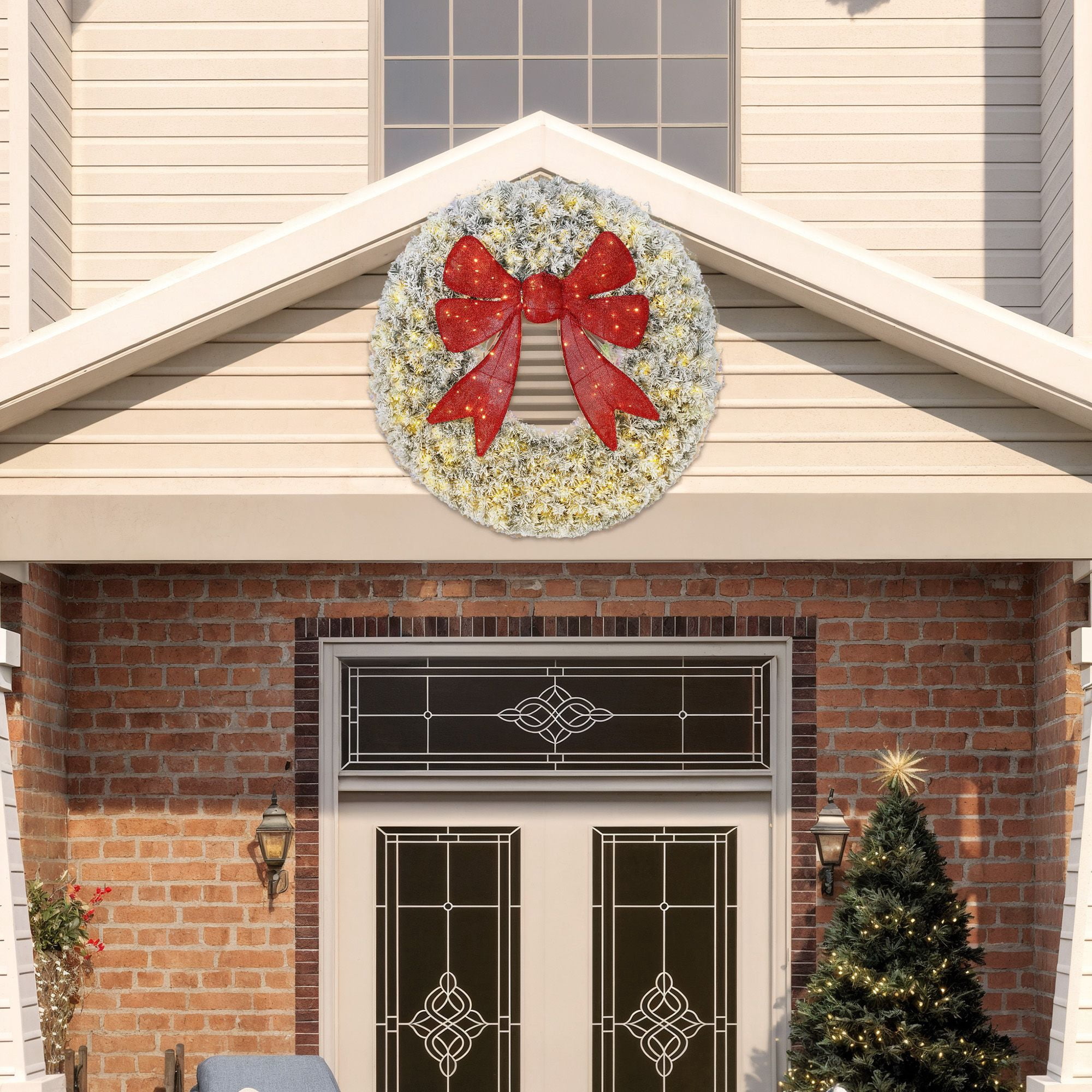 48-Inch Pre-Lit Christmas Wreath with 3D Bow, 200 LED Lights, 11 Lighting Modes, Remote Control, Flocked Front Door Decoration for Indoor and Outdoor Use