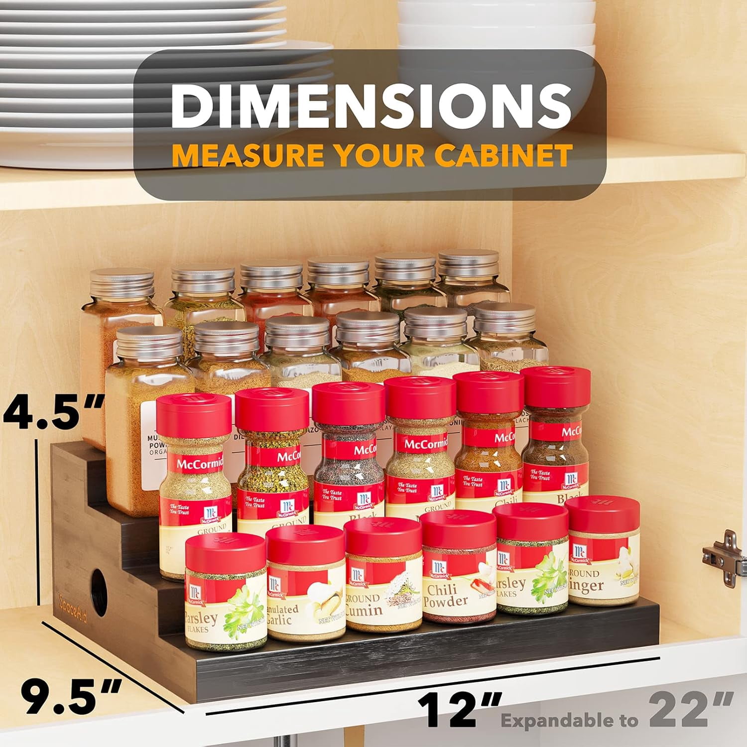 SpaceAid Expandable Spice Rack Organizer for Cabinet, Bamboo, 4 Tier, Black