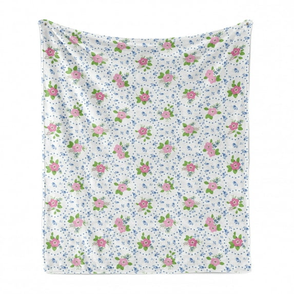 Shabby Flora Soft Flannel Fleece Throw Blanket, Classical Peony Flowers Surrounded by Circular Bouquets Nature Romance, Cozy Plush for Indoor and Outdoor Use, 70" x 90", Pink and Blue, by Ambesonne