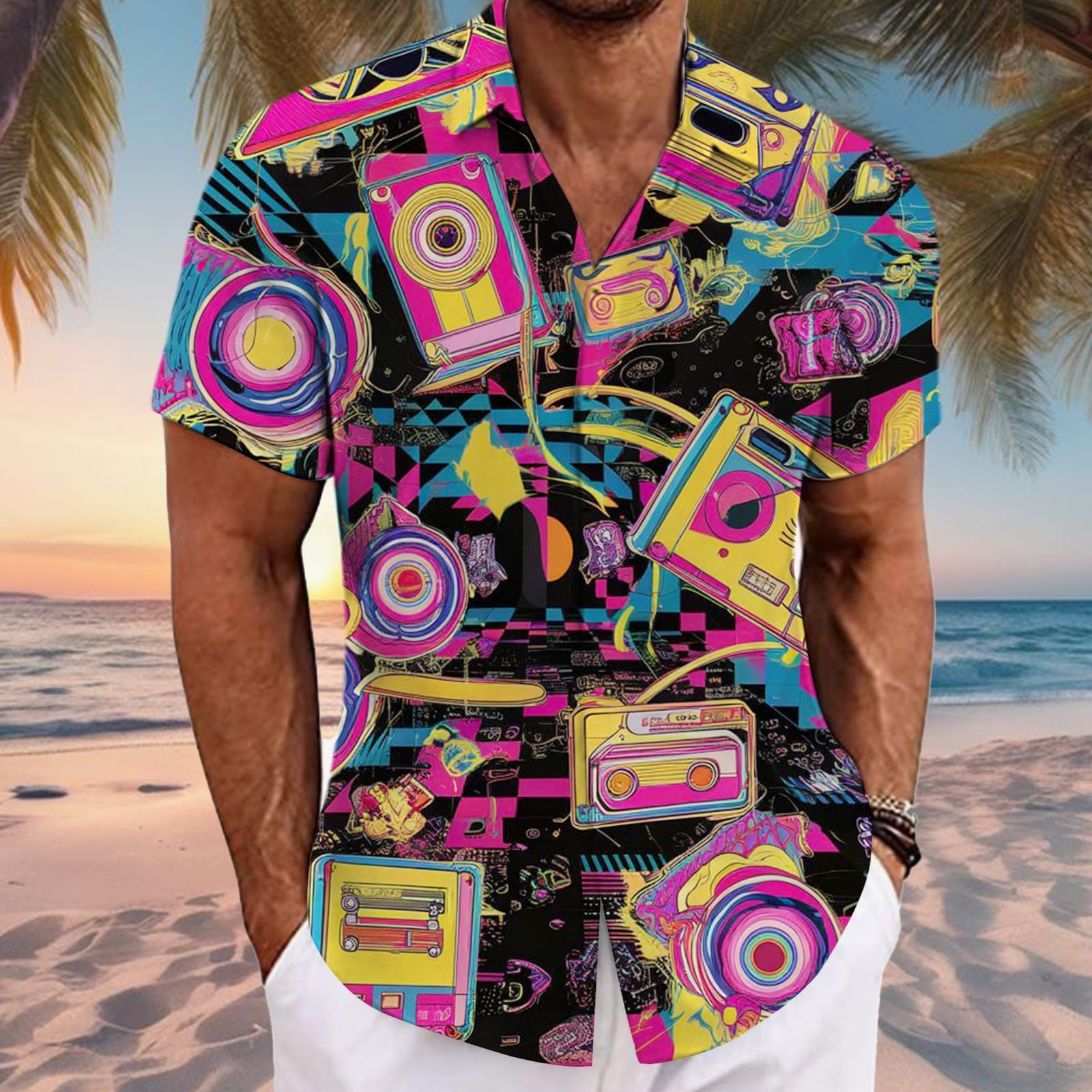 Men's 80s Retro Cassette Print Button-Down Shirt, 1980s Neon Geometric Short Sleeve Hawaiian Shirt, Casual Summer Beach Party Top, Multicolor, Sizes S-4XL