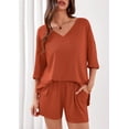 thumbnail image 2 of Costeam Womens V Neck Half Sleeve Two Piece Matching Set Loose Fit Top and Casual Shorts Lightweight Airy Fabric Side Pockets Elastic Waist Relaxed Daily Loungewear Outfit, 2 of 8