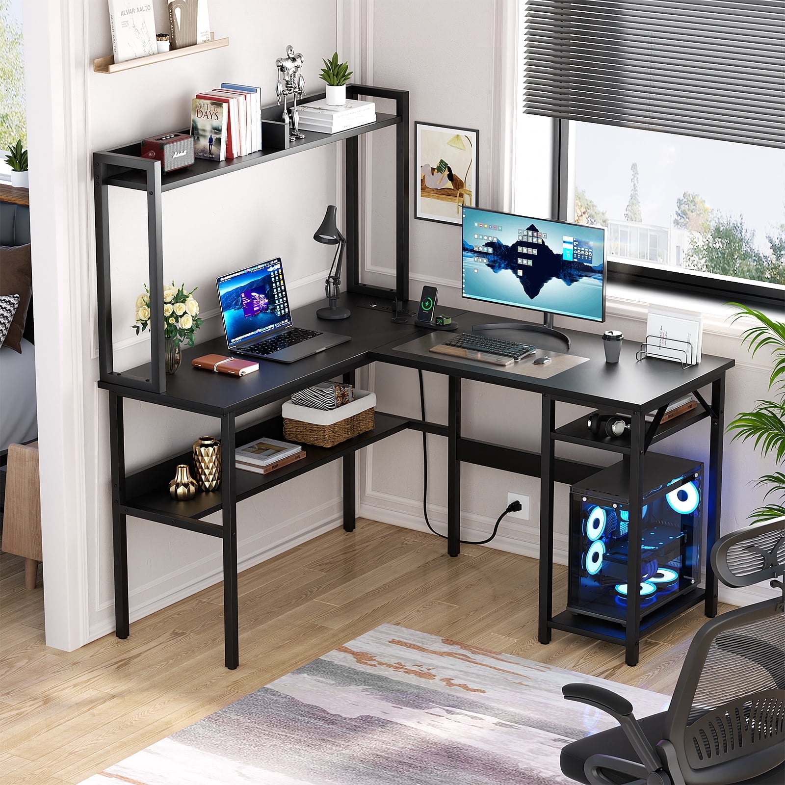 Homieasy L Shaped Gaming Desk with LED Strip and Power Outlets, Reversible L-Shaped Computer Desk with Storage Shelves, Corner Desk with Hutch, 2 Person Home Office Desk, Black