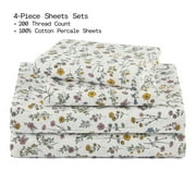 Beautiful by Drew Barrymore 4-Piece Queen Sheet Set, 100% Cotton Washed Percale, White Botanical