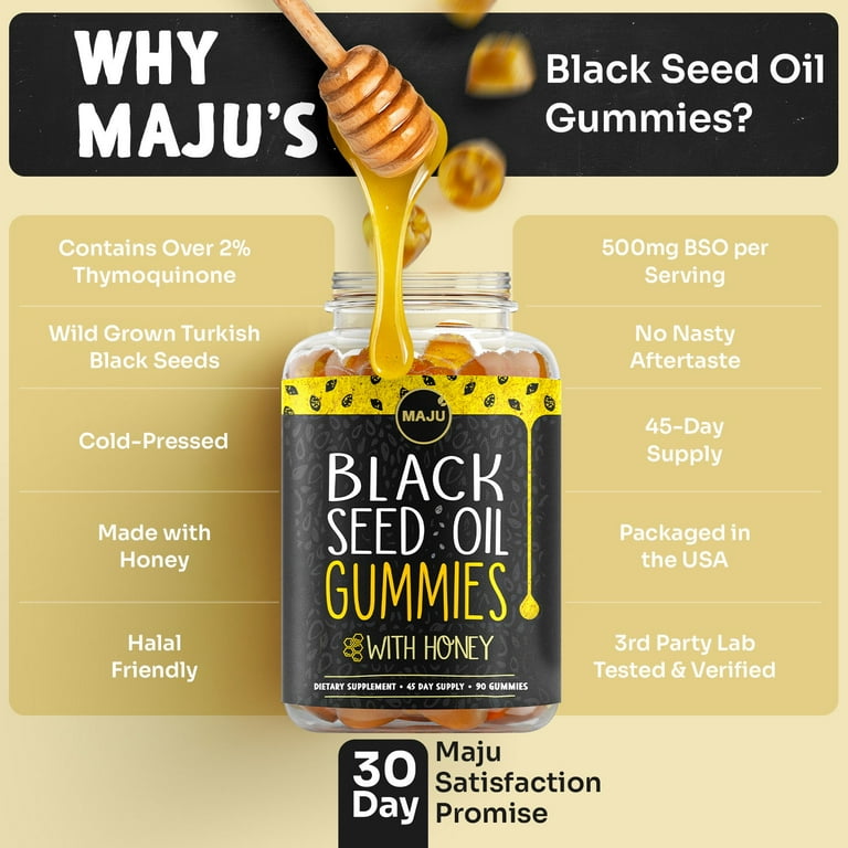 Maju Superfoods Black Seed Oil Gummies, 500 mg, Halal, Honey, 90