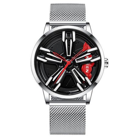 FNGEEN Iocomotive Racing Men Watches Hollow Car Hub Stainless Steel Black Retro Waterproof Quartz Watch Relogio Masculino L001