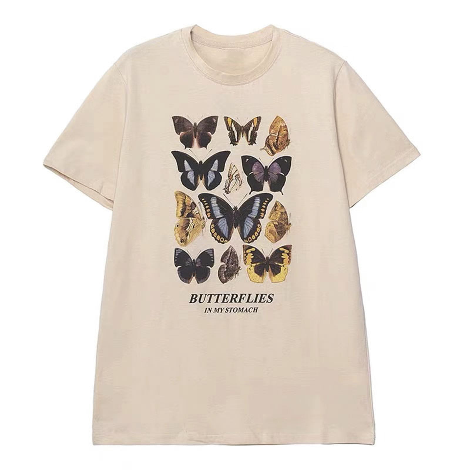 Fridja BUTTERFLIES Sleeve IN Short T-shirt Women Butterfly STOMACH MY Neck Printed Tops Casual T-shirt Pullover Round