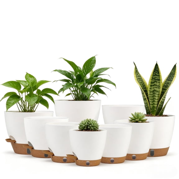 FIASON 9 Pack Plastic 5/5.5/6/6.5/7/8/9/10/12 Inch White with Brown Self Watering Plant Pots,Include Watering Lip,Drainage Holes & Removable Saucer for Indoor Outdoor Use