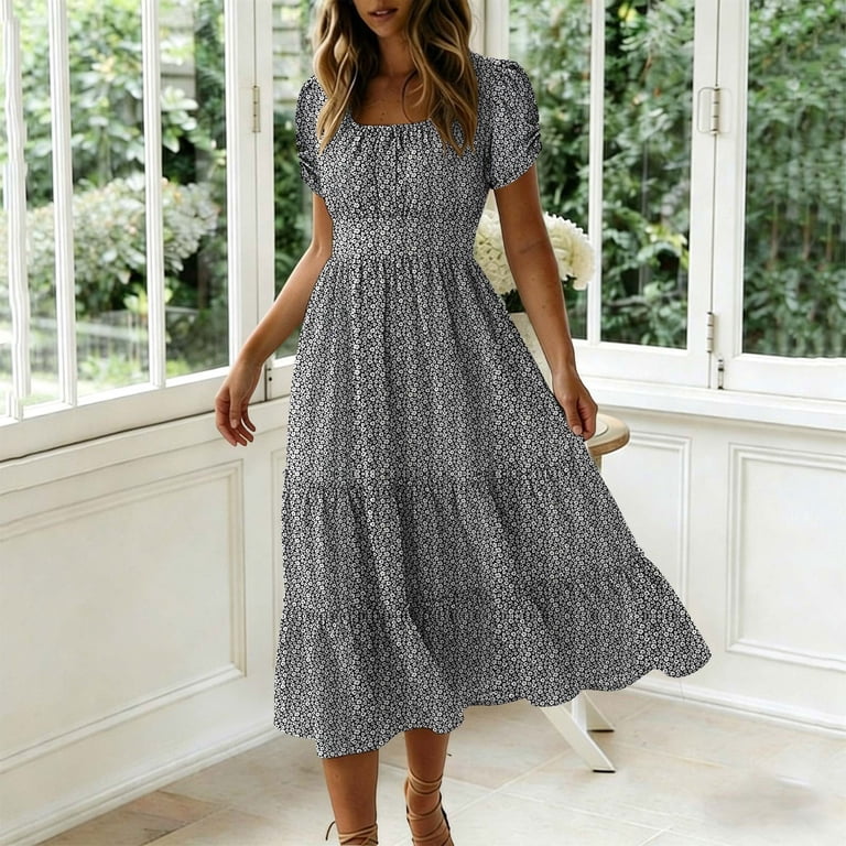 nerohusy Women's Chiffon Tiered Midi Dress Ruffled Sleeve Flowy Long Dress Floral Boho Smocked Waist Wedding Guest Dresses 2026 Red,XXL