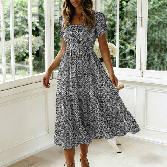 Ovbmpzd Womens Dresses Summer Flowy Sundresses Black Boho Puff Sleeve A-Line Long Smocked Square Neckline Summer Dresses for Women,XXL