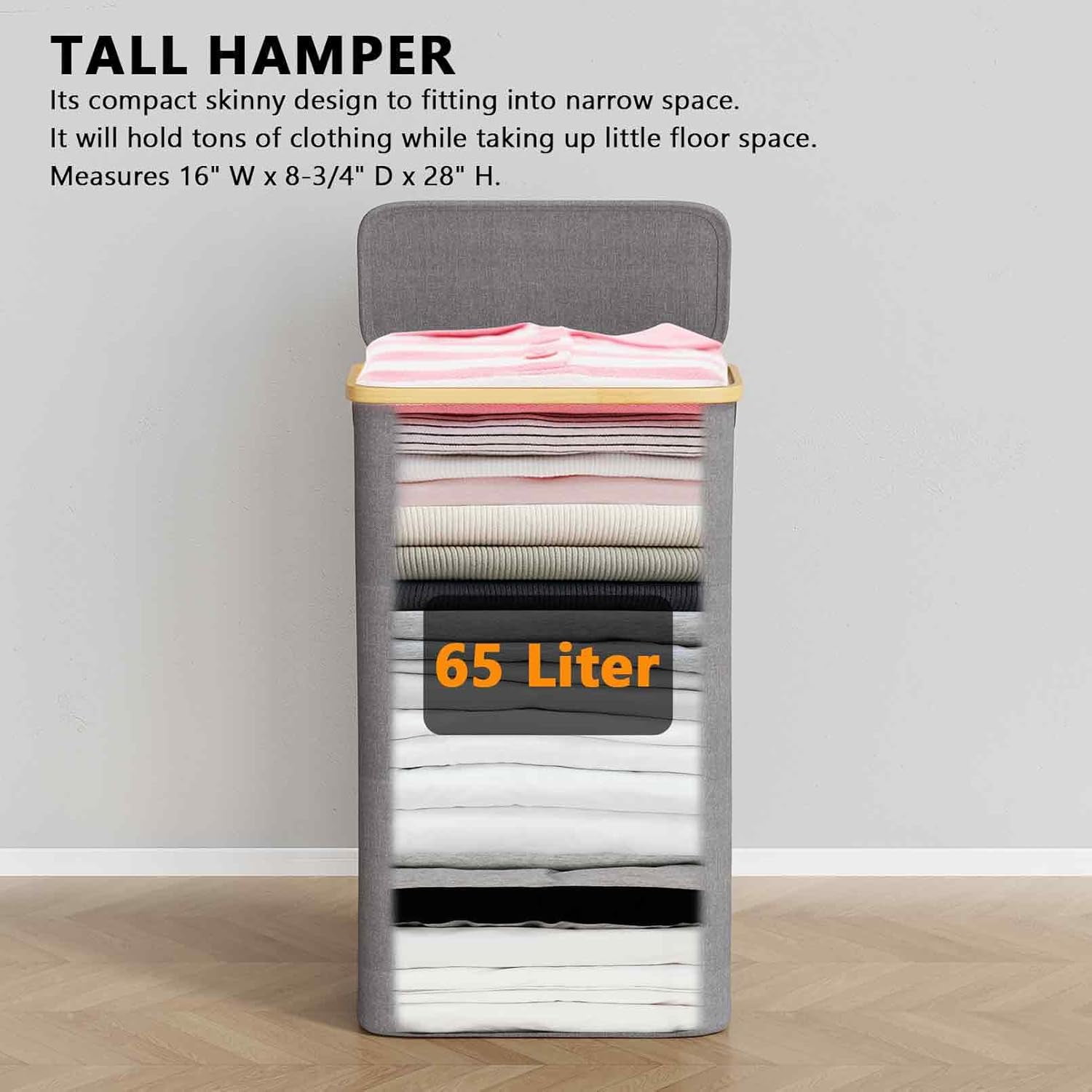 SpaceAid Slim Laundry Hamper with Lid, 65L Narrow Tall Clothes Basket Bin, Grey