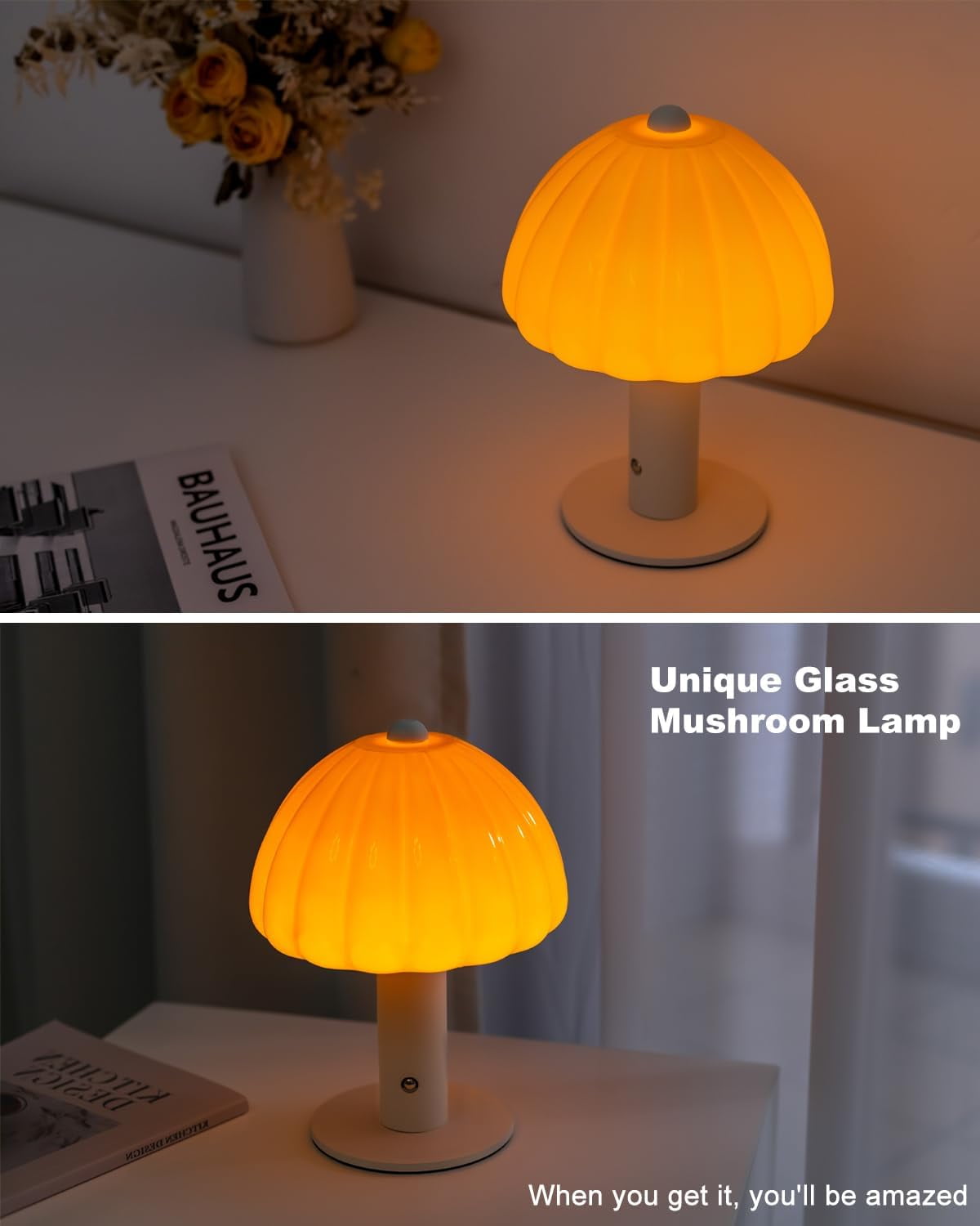 FANHAO Touch Bedside Table Lamp, 3-Way Dimmable with Mushroom Glass Light,4000mAh, Bedroom Reading