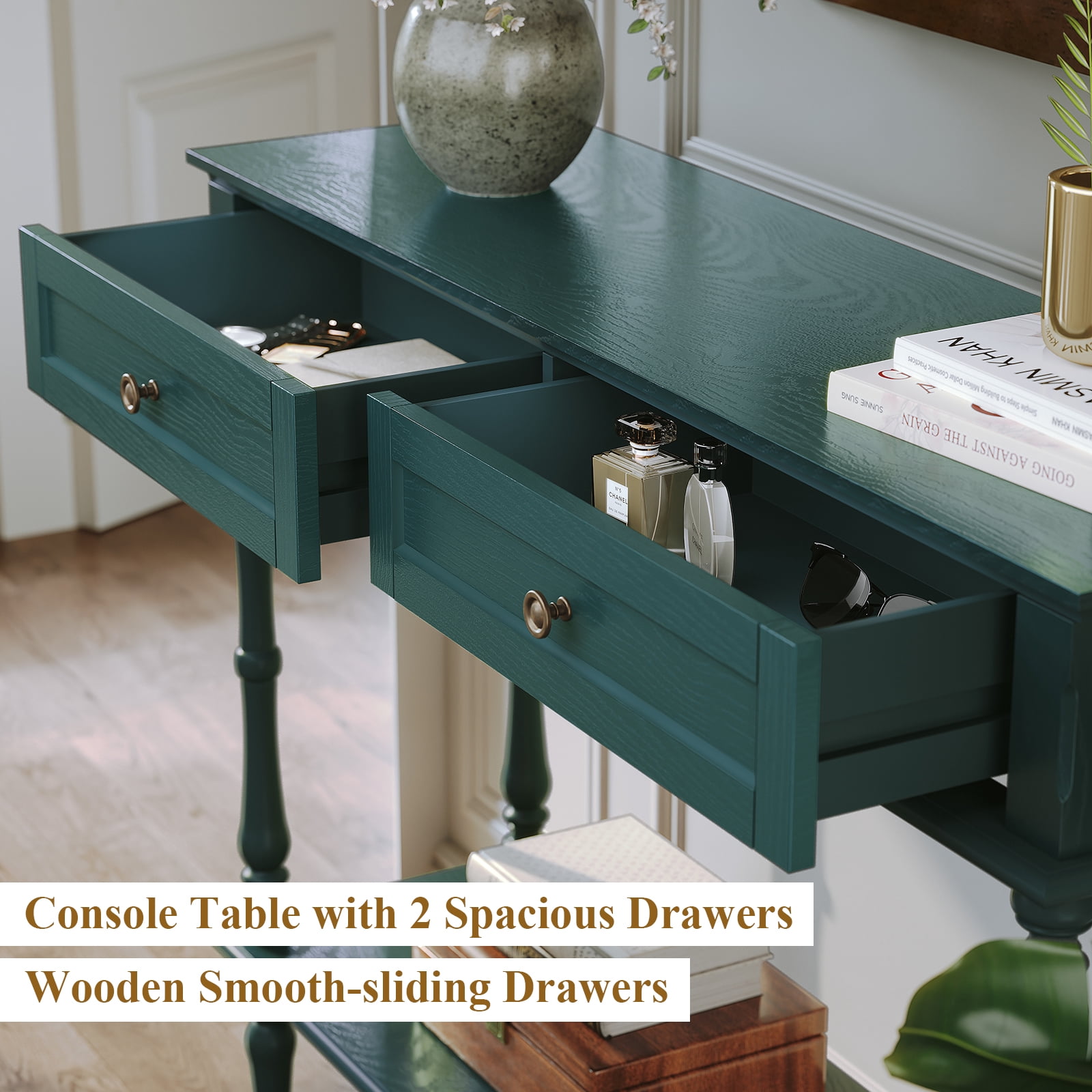 CBJCBJ40"Vintage Minimal Assembly Console Table with 2 Storage Drawers,Suitable for Living Room,Green