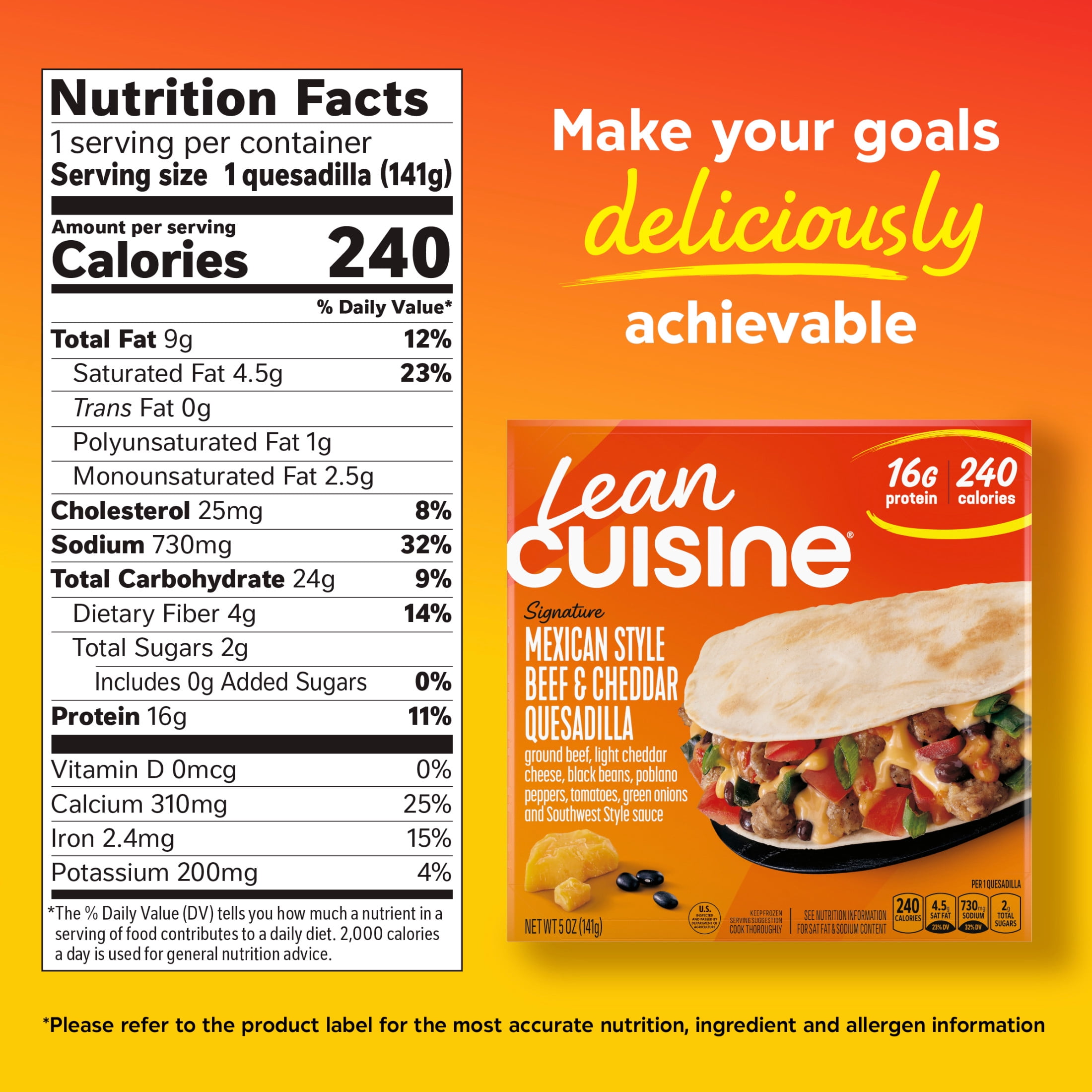 Lean Cuisine Mexican Style Beef & Cheddar Quesadilla, Frozen Lunch, Individual Meals 5 oz