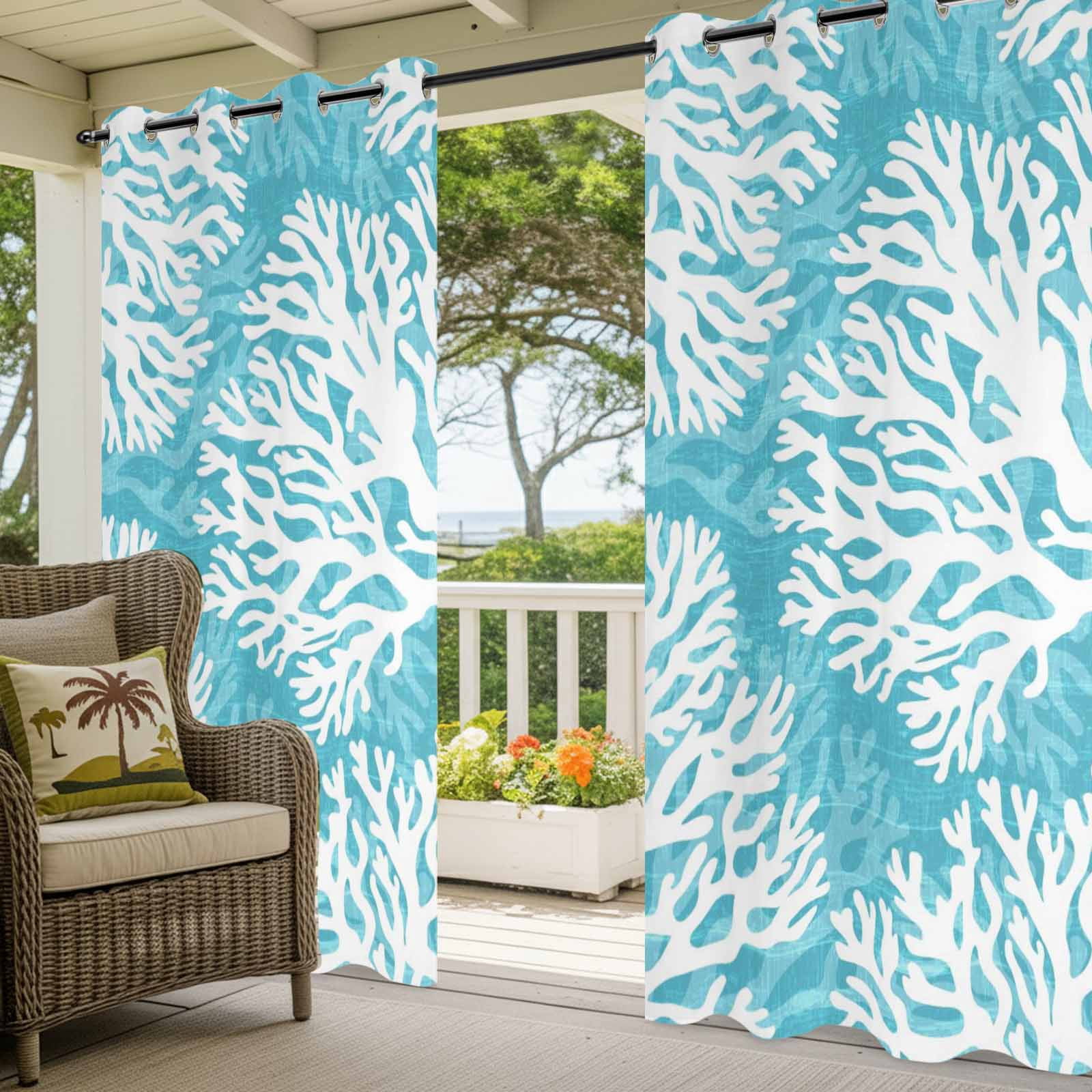 Aqua Blue Coral Outdoor Curtains for Patio, Coastal Ocean Beach Summer Nautical Modern Sunshade Privacy Drapes Grommet Waterproof Outside Curtains for Porch/Cabana/Balcony 54"x 108", 1 Panel
