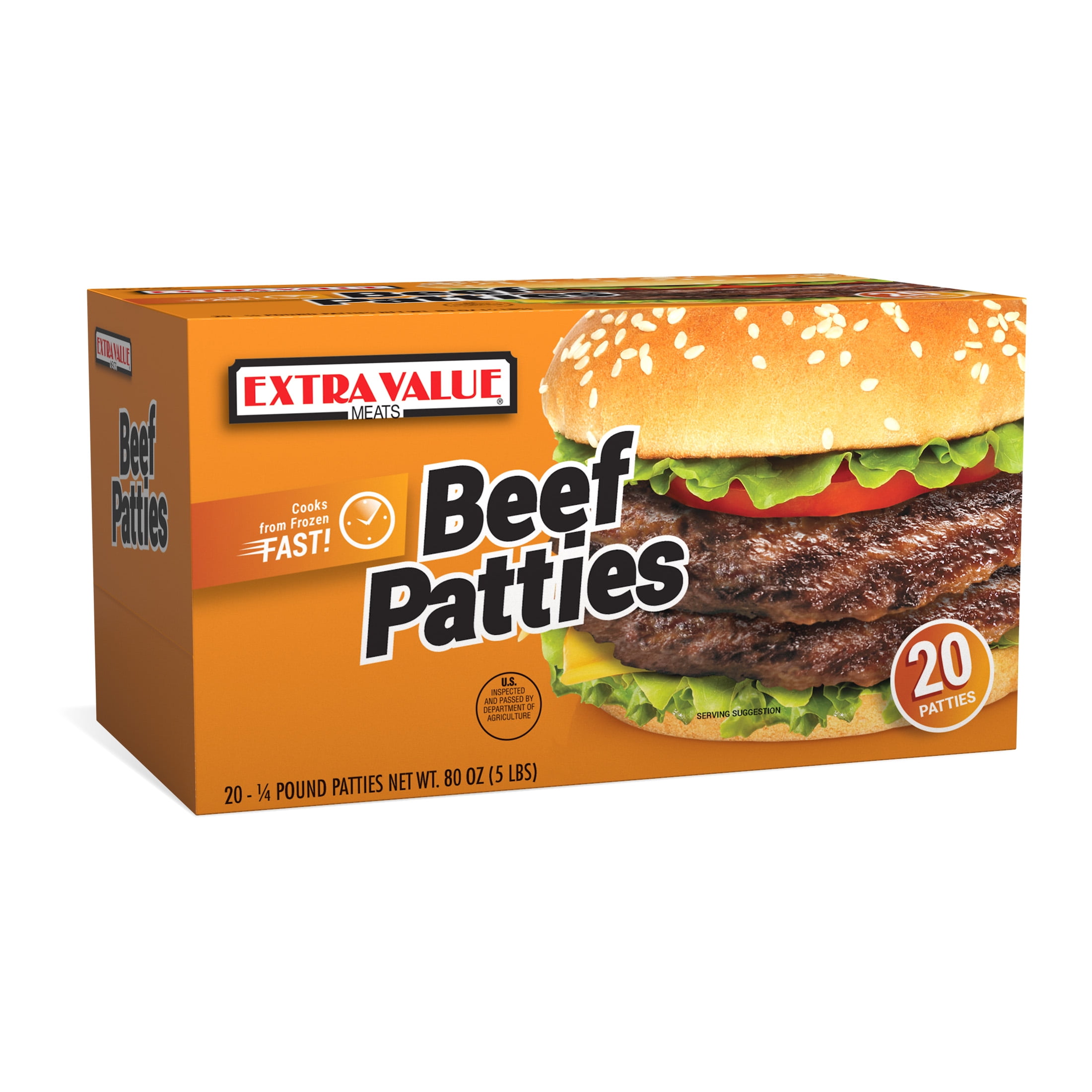 Extra Value Quarter Pound Beef Patties, 20 Count, 4oz Patties, 5lb, Dairy-Free, (Frozen)