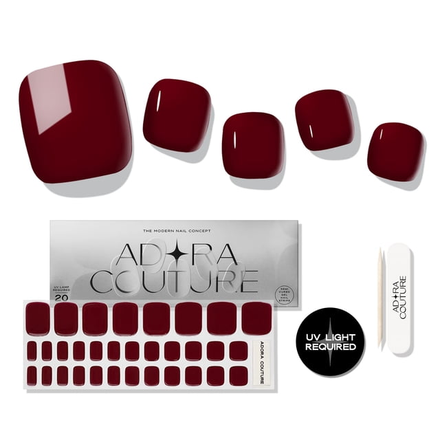 Adora Couture Tiras de uñas de gel semicuradas pegatinas de pedicura | 32 pegatinas para uñas de los pies de color rojo brillante | Tiras de gel para pedicura | Envolturas de uñas de gel semicuradas q