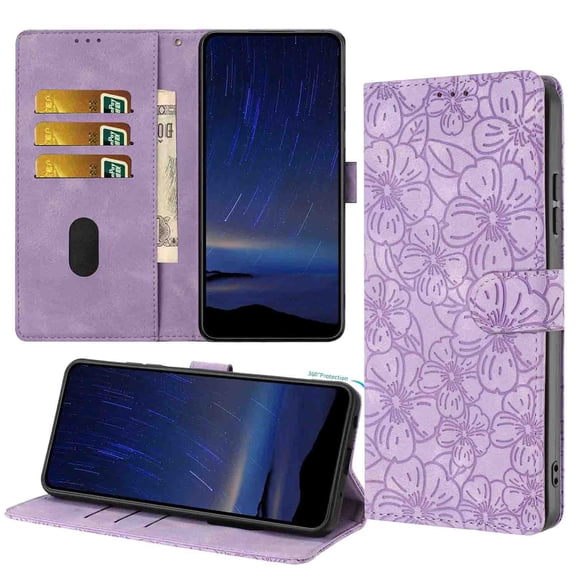Wallet Case for Samsung Galaxy A23 5G, Embossed PU Leather Magnetic Clasp Flip Purse Case with Credit Card Holder & Cash Slot & Stand, Flower Pattern Cover for Samsung Galaxy A23 5G, Purple