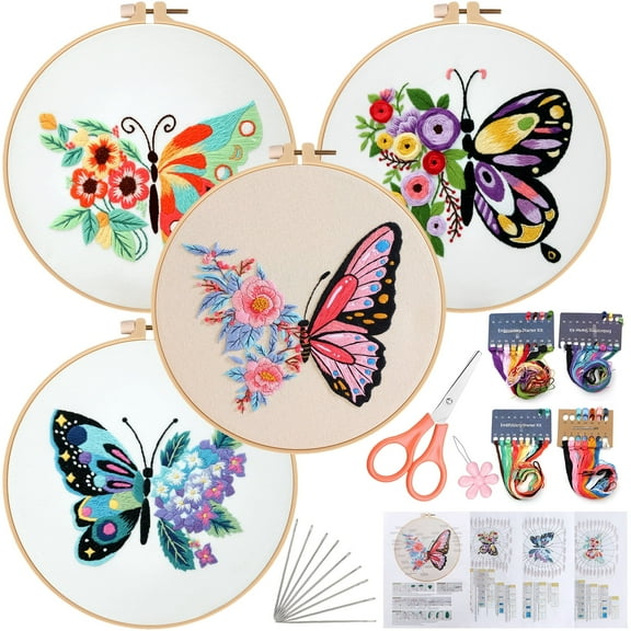 VEGCOO 4 Pack Butterfly Flower Pattern Embroidery Kit for Beginners, Cross Stitch Kits Include Embroidery Hoop and Complete Embroidery Tools, Needlepoint Kit for Adults