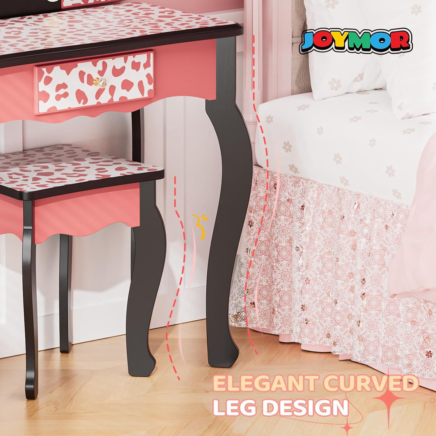 Matladin Kids Vanity Table and Chair Set with Leopard Print, Tri-Fold Mirror & Lights, Girls Vanity, Princess Makeup Desk for Girls
