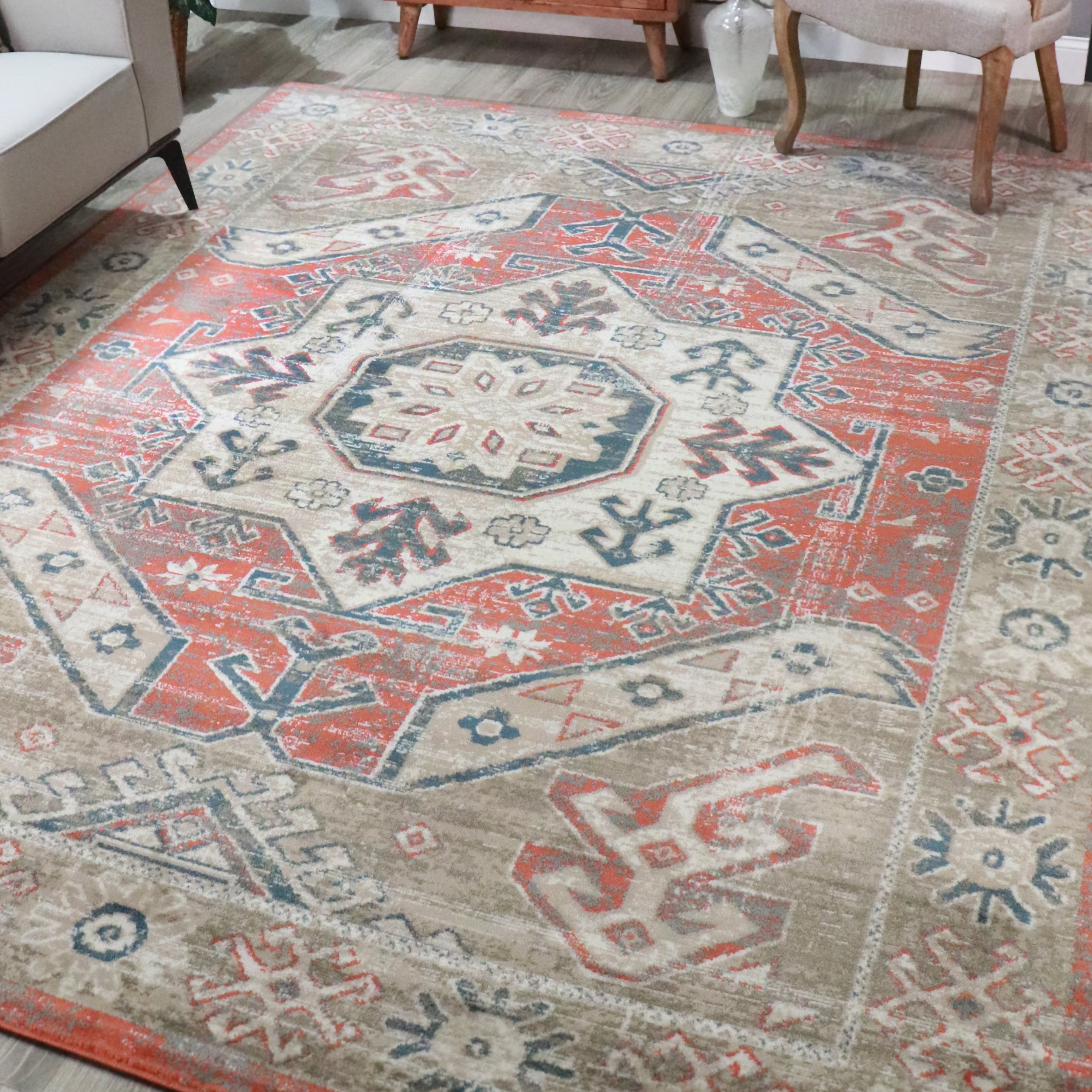 Rustic Medallion Plush Polypropylene Indoor Area Rug - 8' x 10', Rust ...