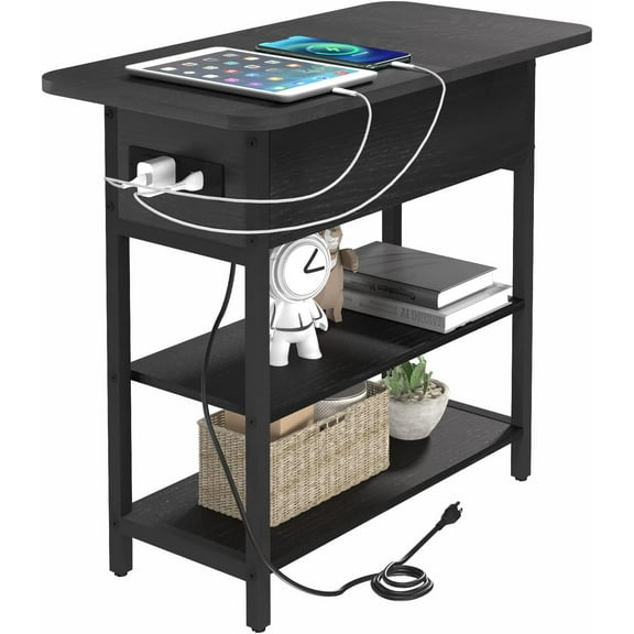 End Table with Charging Station, Flip Top Side Table with USB Ports and Outlets, Sofa Couch Table Bedside Table for Living Room Bedroom, Narrow Nightstand with Storage Shelves for Small Space