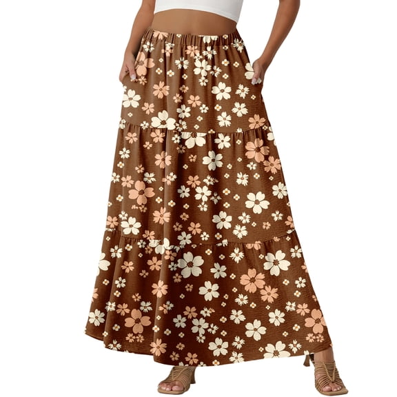 LWavelet Women Floral Print Tiered Maxi Skirt Elastic Waist With Pockets Boho Summer Long Skirt Light Brown L