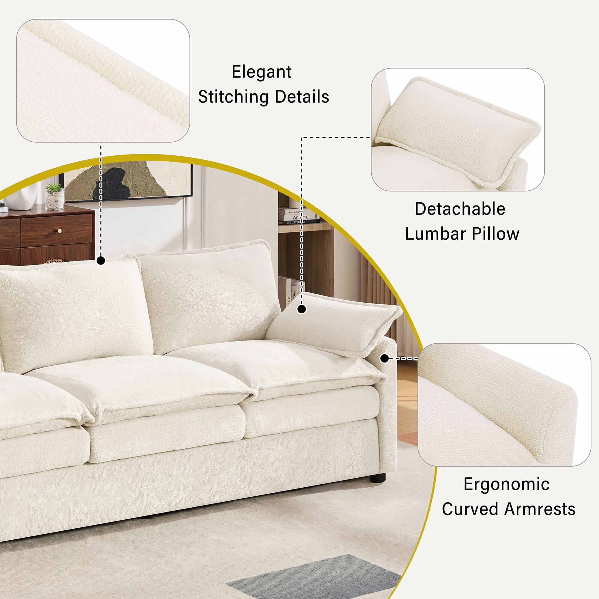 Lunale 3-Seater Sofa with Storage Pockets, Modern Cloud Couch for Living Room, Beige Chenille