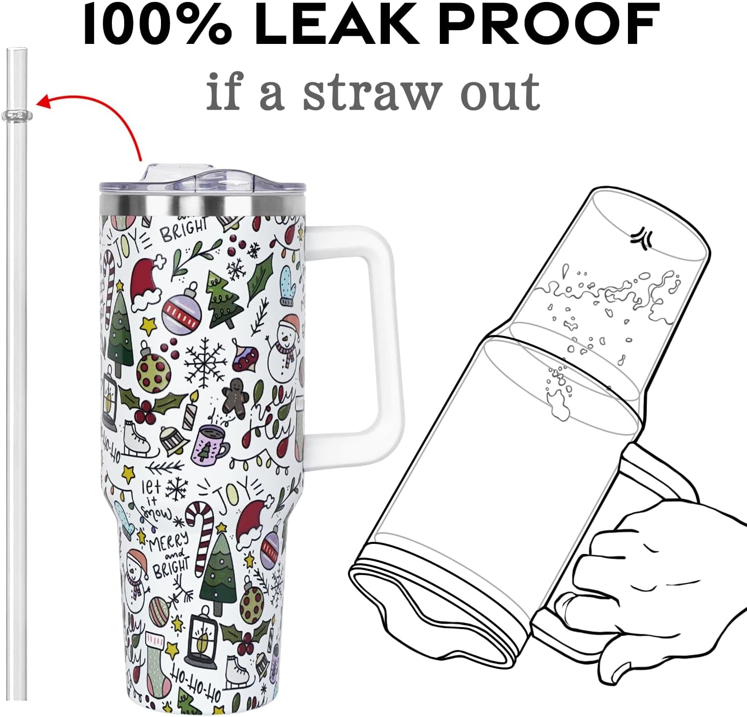 Christmas Gifts 40 oz Tumbler with Handle and Straw Lid,Cute Gifts for Women Snowman Xmas Tree Snowflake Vacuum Insulated Leak Proof Tumbler,Winter Holiday Accessories Stainless Steel Coffee Cup Mug