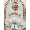 thumbnail image 4 of Cjfdfy Newborn Baby Girl Footed Romper Fall Winter Outfits Solid Color Bow Ruffled Long Sleeve Jumpsuit with Bow Headband cute Knit Ruffle Button Romper 0-9 Months, 4 of 9