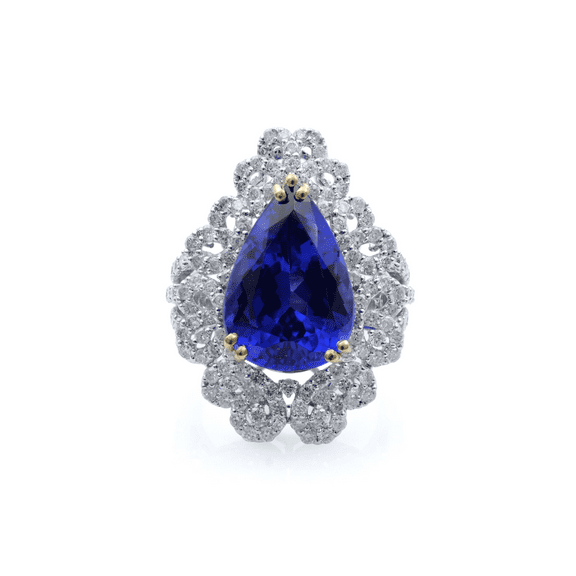 Pear Shape Blue Tanzanite 8.20 cttw Diamond 2.10 cttw Ring 18K White Gold Size 7